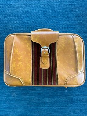 Vintage Men's Travel Suitcase Luggage in Cognac Brown Carpet Panel Accent
